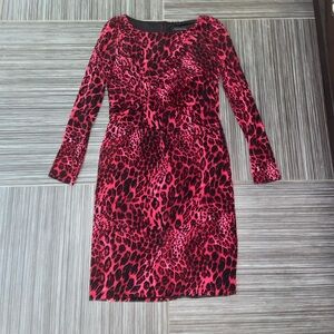 David Meister red pink black animal print leopard dress size 10 long sleeve